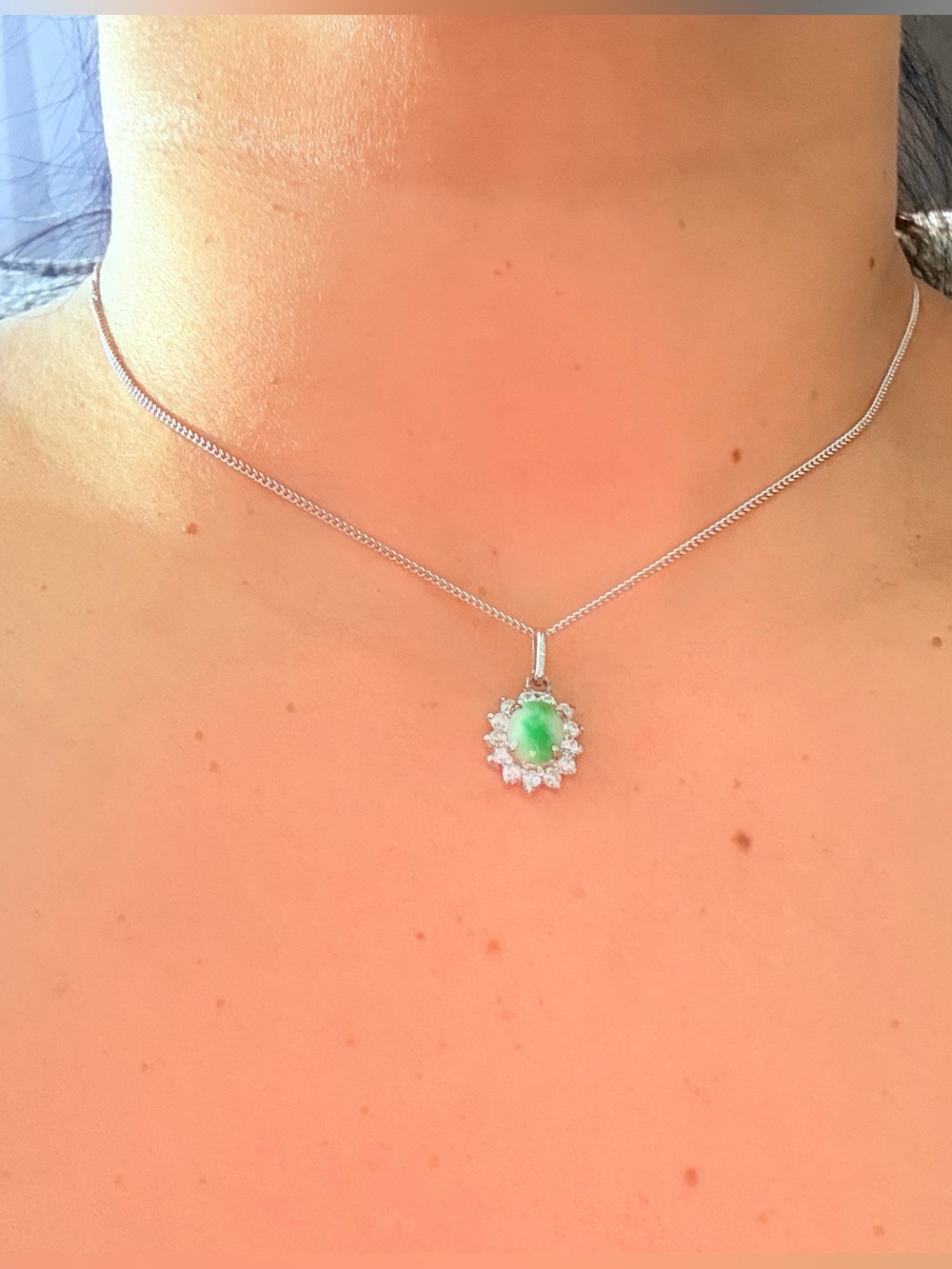 Sterling Silver Green Genuine Jade Oval with crystal Pendant Necklace